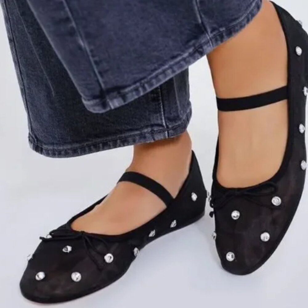 NWT Cushionaire Elegant Mary Jane Black Mesh Embellish Flat Shoes